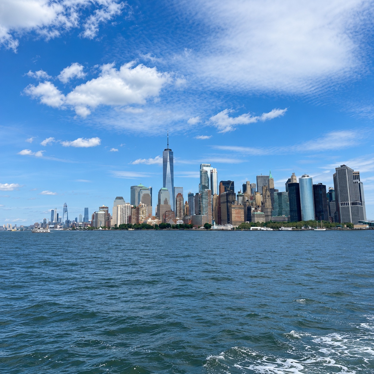 Lower Manhattan and One World Trade Center viewed from the water